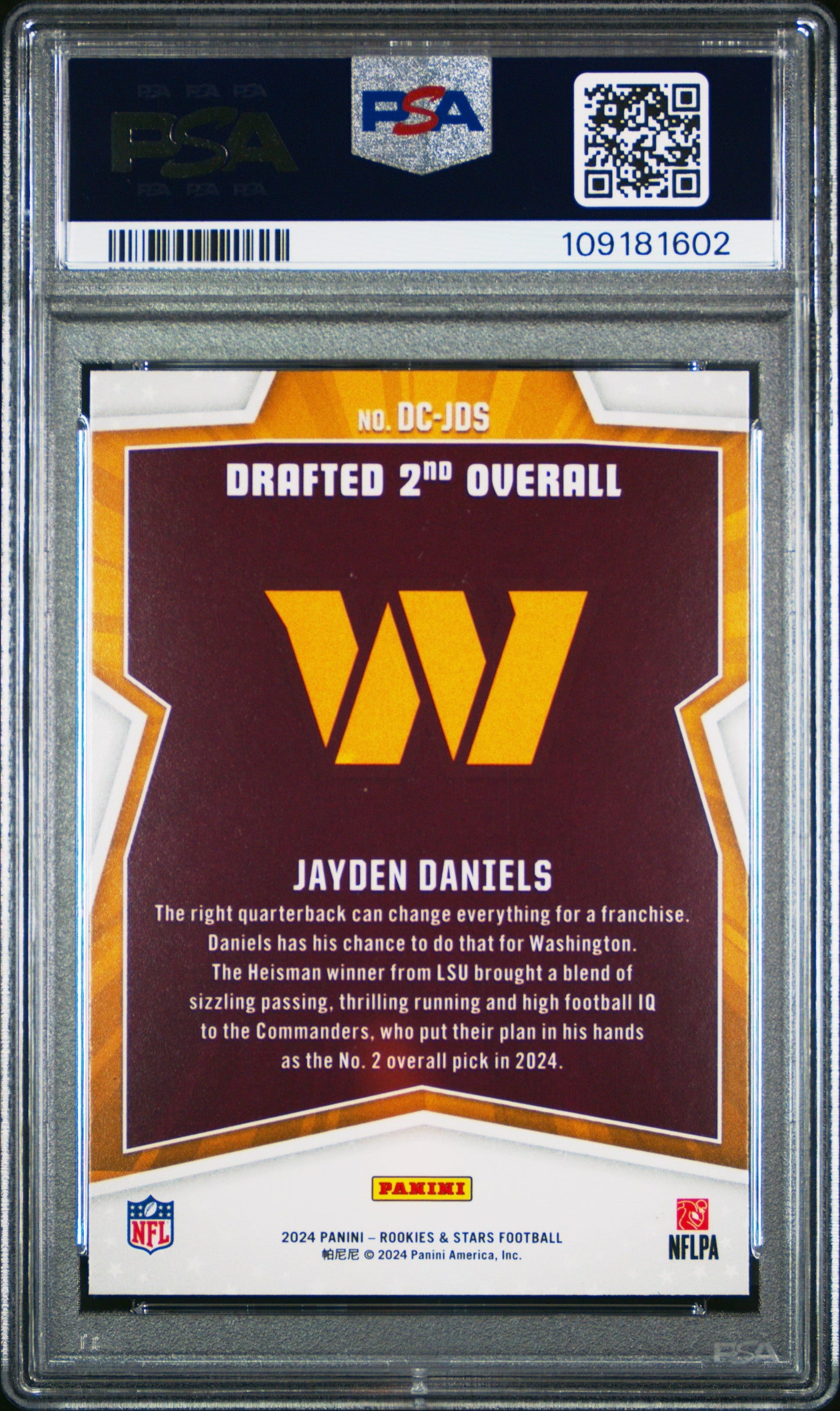 Graded 2024 Panini Rookies & Stars Jayden Daniels #DCJDS Draft Class Rookie RC Football Card PSA 10 Gem Mint
