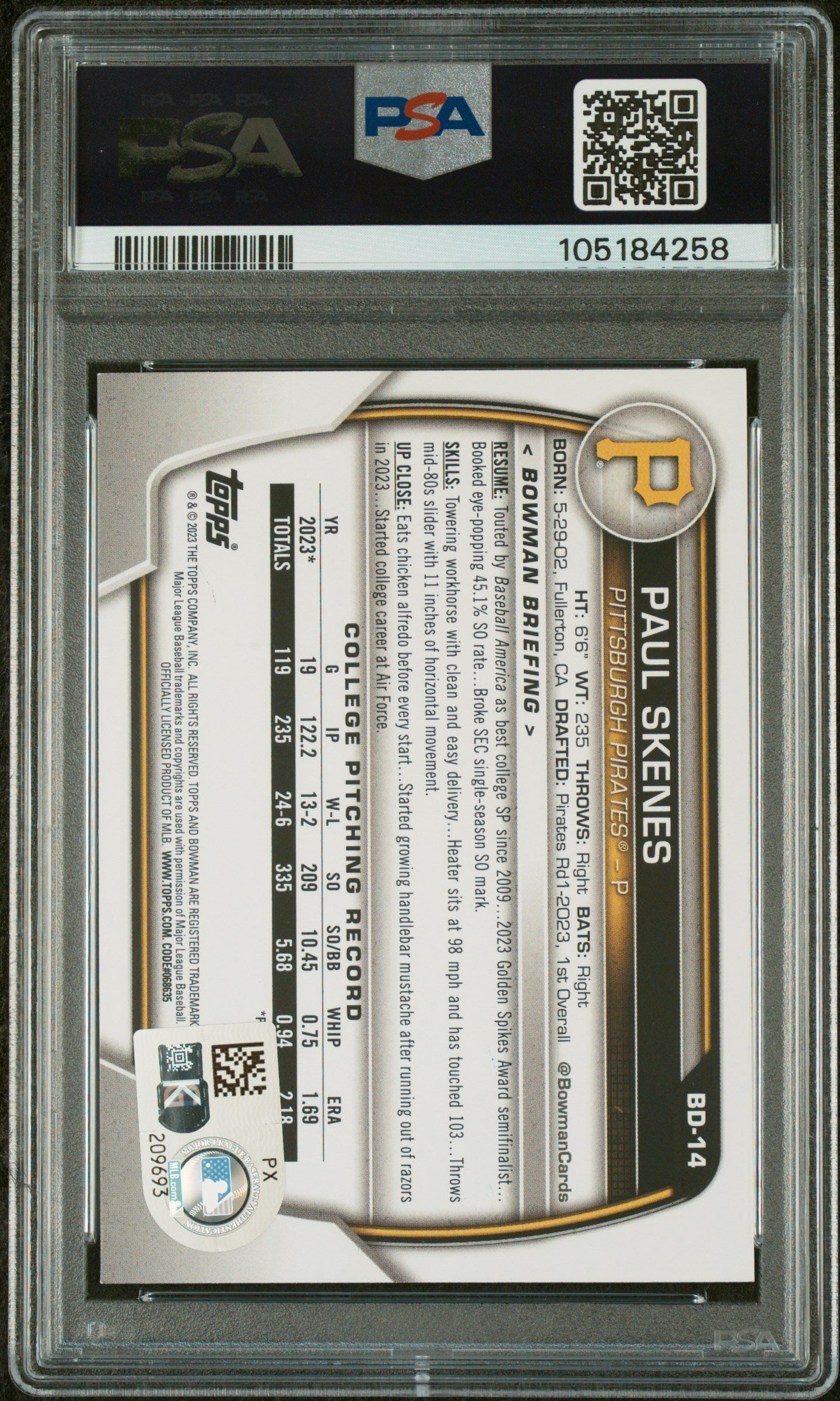 Graded 2023 Topps Bowman Draft Paul Skenes #BD14 Rookie RC Baseball Card PSA 10 Auto Grade Gem Mint