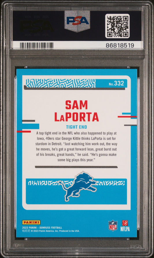Graded 2023 Panini Donruss Sam LaPorta #332 Rookie RC Football Card PSA 10 Gem Mint