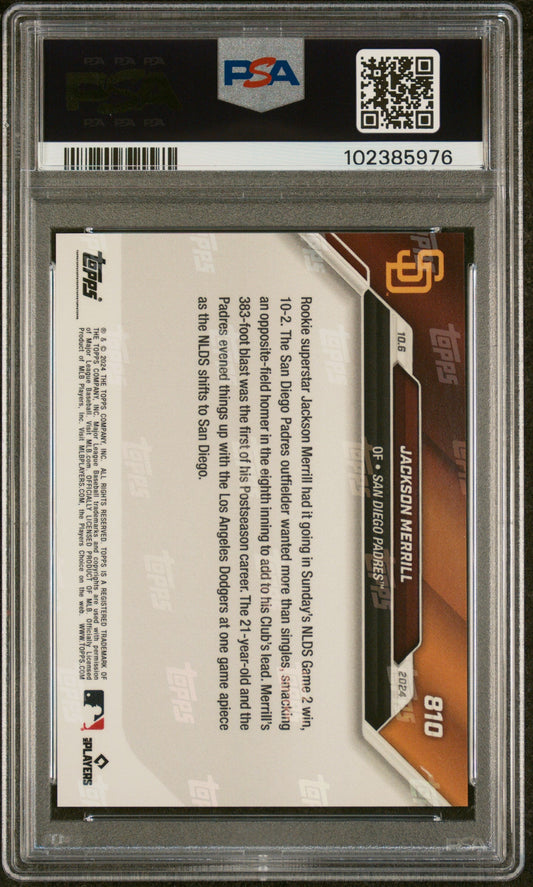 Graded 2024 Topps Now Jackson Merrill #810 Rookie RC Baseball Card PSA 10 Gem Mint