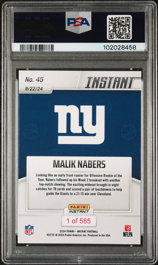 Graded 2024 Panini Instant NFL Malik Nabers #45 Rookie RC Football Card PSA 10 Gem Mint