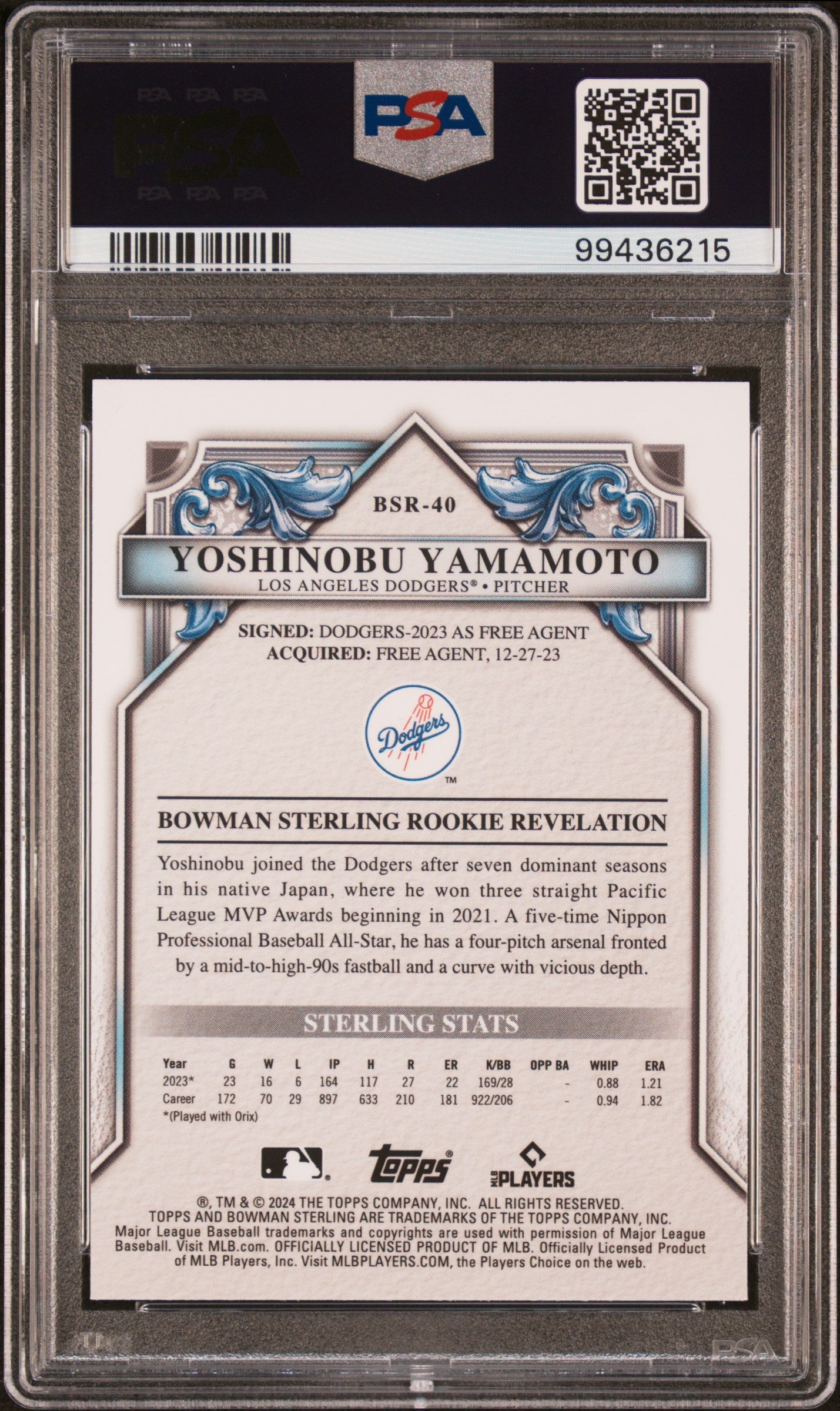 Graded 2024 Topps Bowman Sterling Yoshinobu Yamamoto #BSR40 Rookies Sterling Silver Refractor #/100 Rookie RC Baseball Card PSA 10 Gem Mint