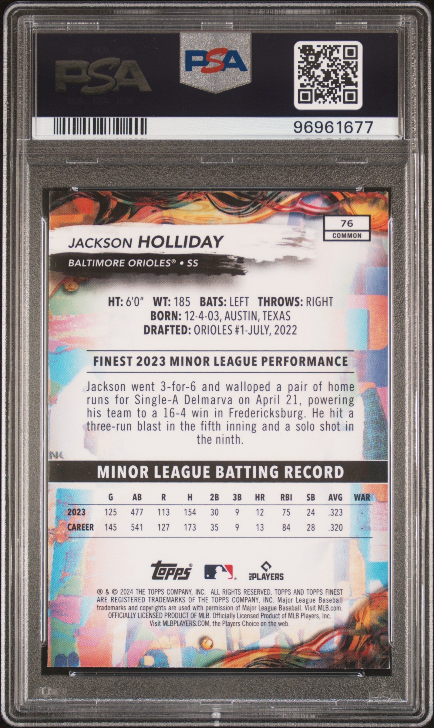Graded 2024 Topps Finest Jackson Holliday #76 Checkerboard Refractor Rookie RC Baseball Card PSA 10 Gem Mint