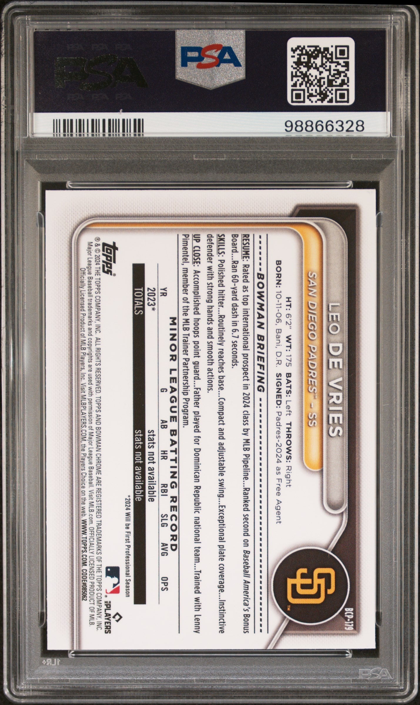 Graded 2024 Topps Bowman Chrome Leo De Vries #BCP179 Prospects Rookie RC Baseball Card PSA 10 Gem Mint