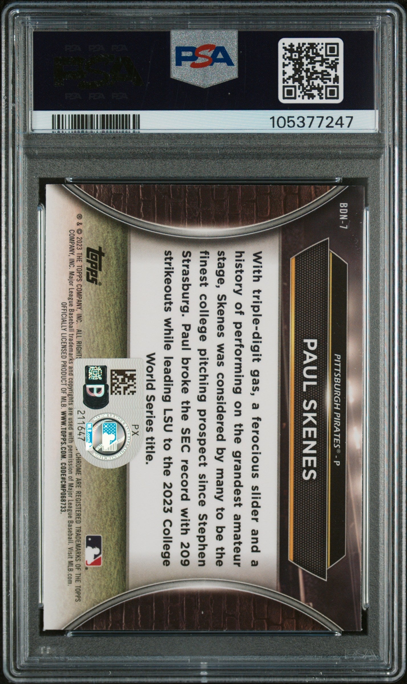Graded 2023 Topps Bowman Draft Paul Skenes #BDN7 Draft Night Rookie RC Baseball Card PSA Authentic Auto
