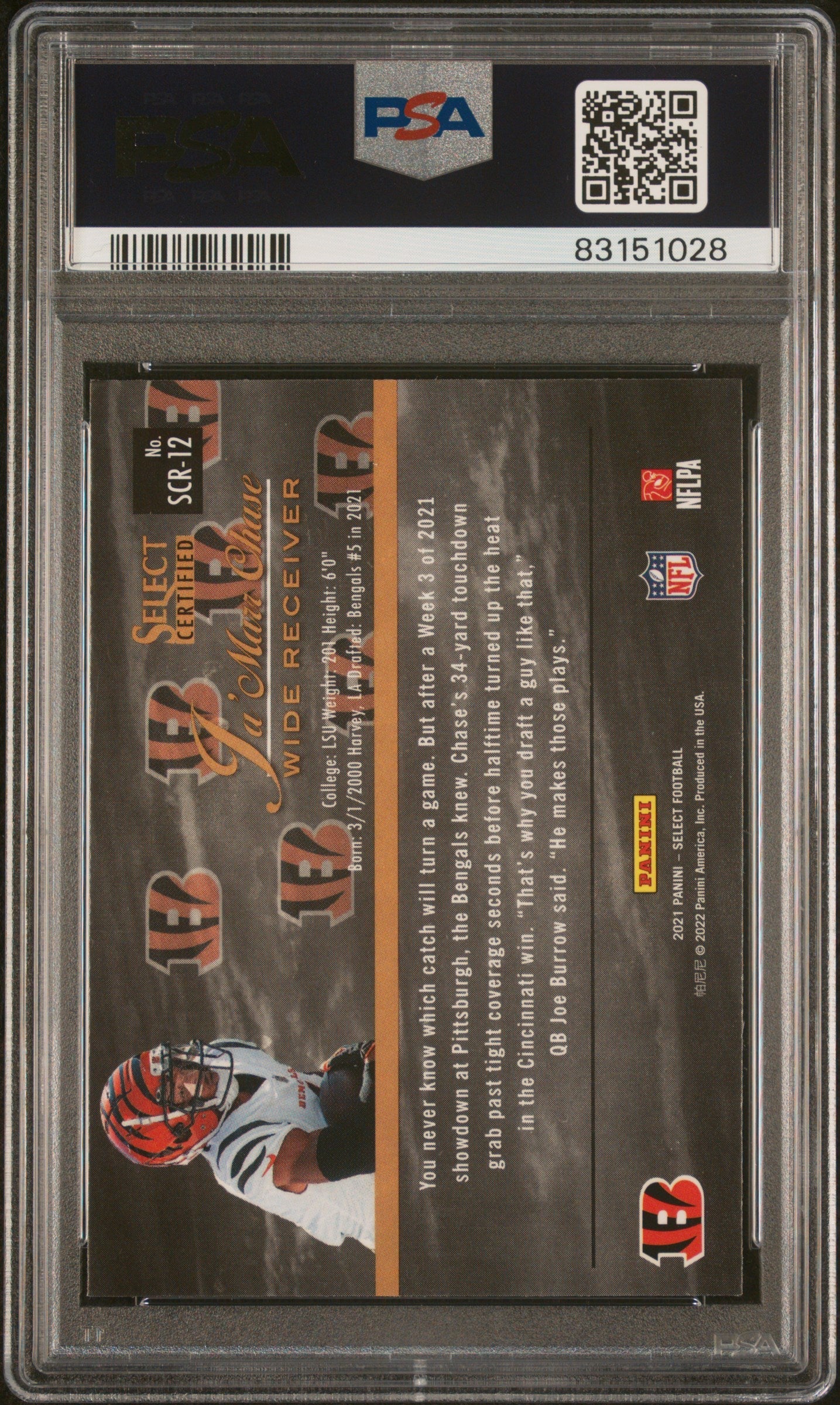 Graded 2021 Panini Select Ja'Marr Chase #SCR12 Certified Rookies RC Football Card PSA 10 Gem Mint