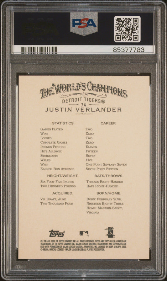 Graded 2006 Topps Allen & Ginter Justin Verlander #74 Rookie RC Baseball Card PSA 10 Gem Mint