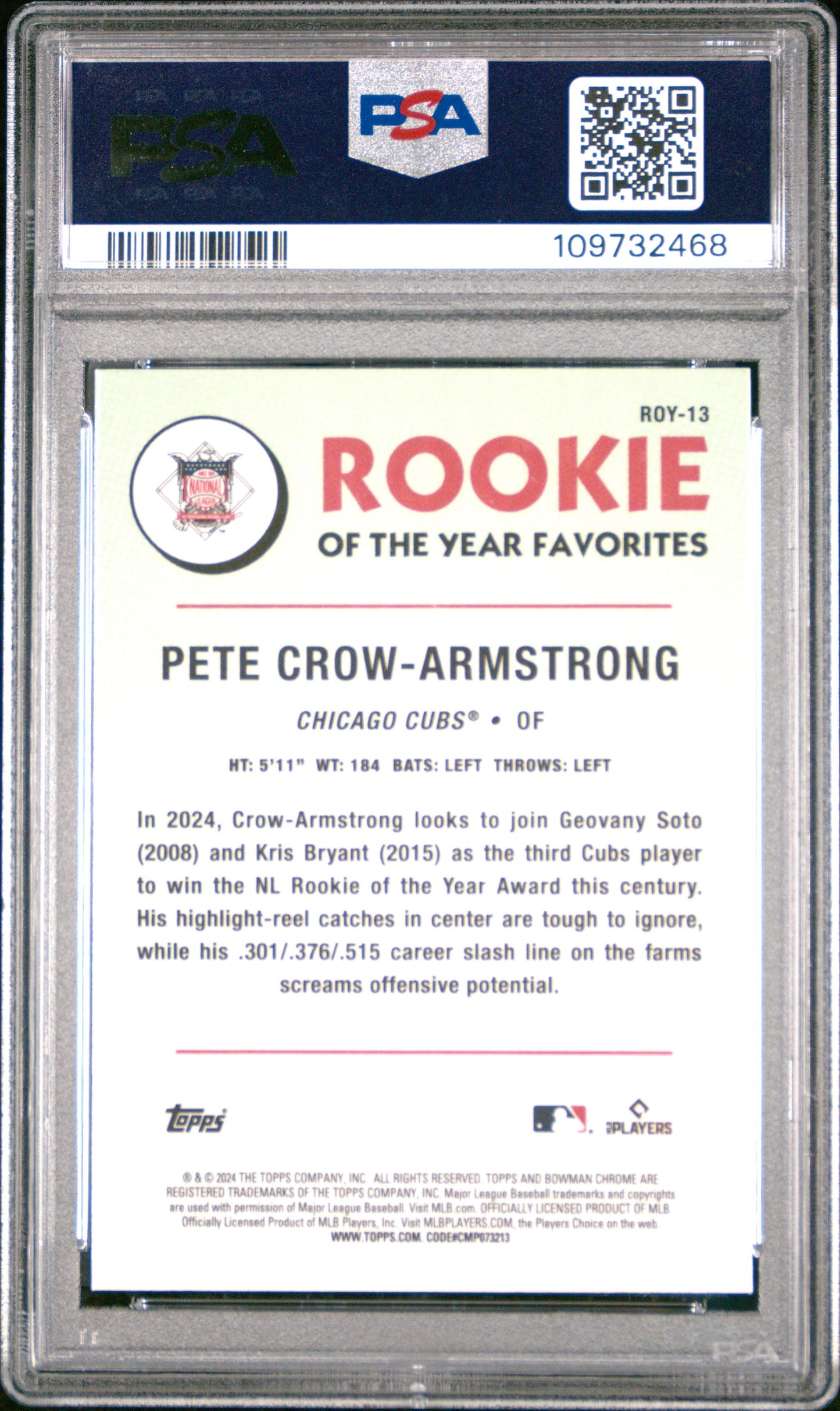 Graded 2024 Topps Bowman Pete Crow Armstrong #ROY13 Rookie of the Year Favorite Rookie RC Baseball Card PSA 10 Gem Mint