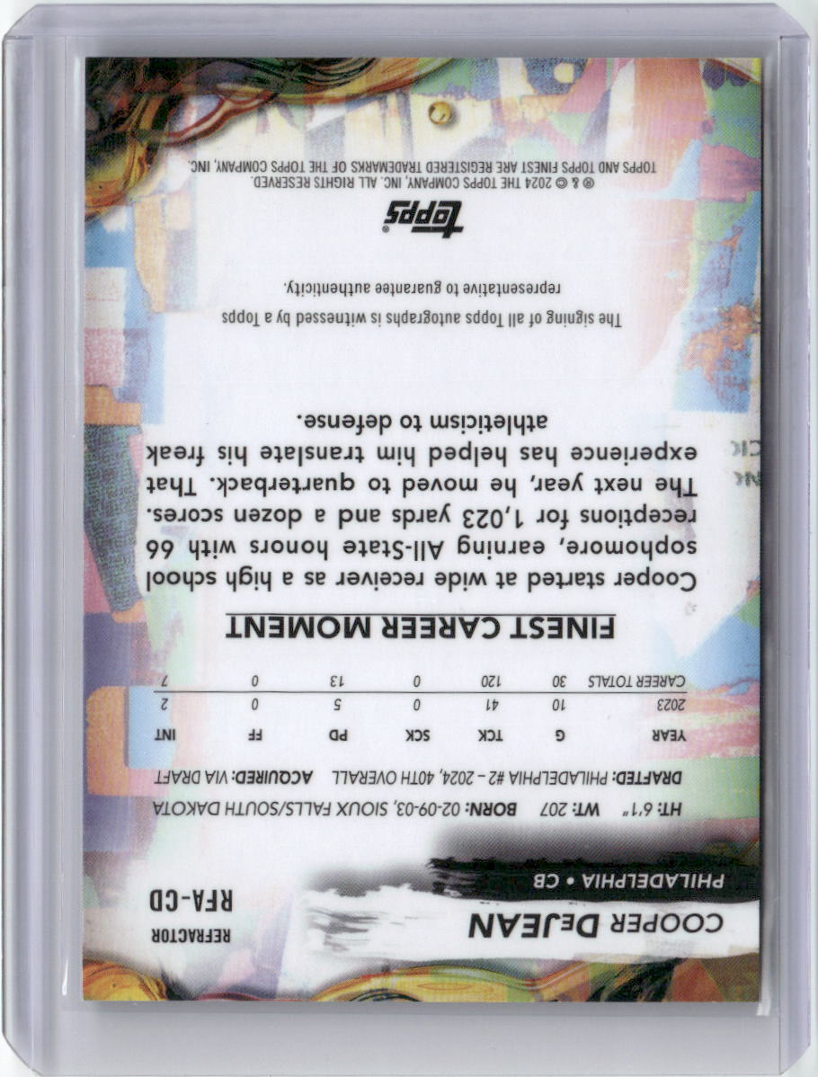2024 Topps Finest Refractor Cooper DeJean #RFA-CD Auto Rookie RC Football Card