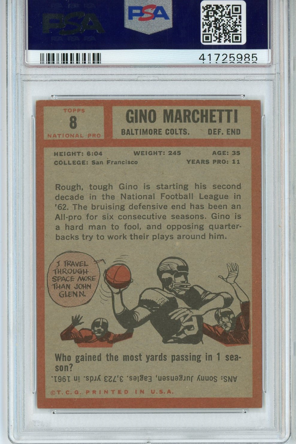 Graded 1962 Topps Gino Marchetti #8 Football Card PSA 5 Excellent