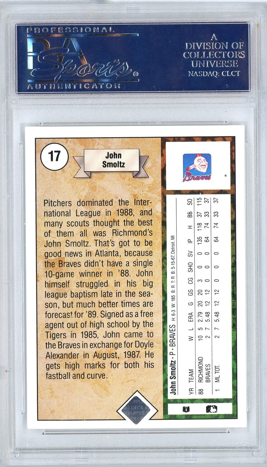 Graded 1989 Upper Deck John Smoltz #17 Star Rookie Rookie RC Baseball Card PSA 10 Gem Mint