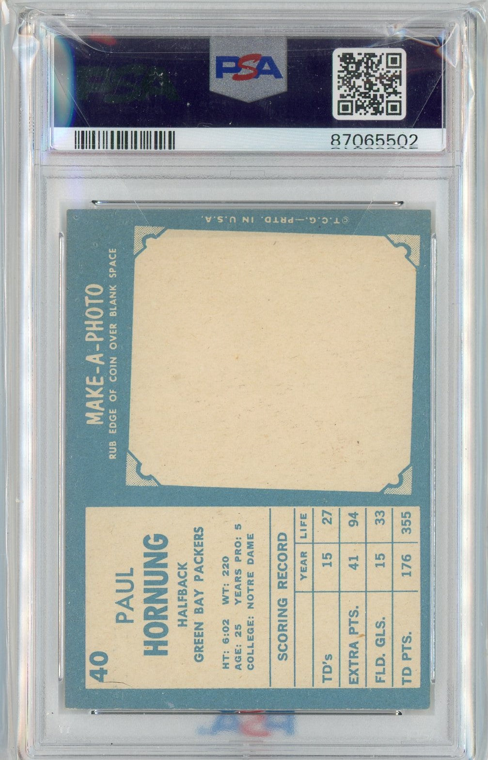 Graded 1961 Topps Paul Hornung #40 Football Card PSA 6 EX-MT