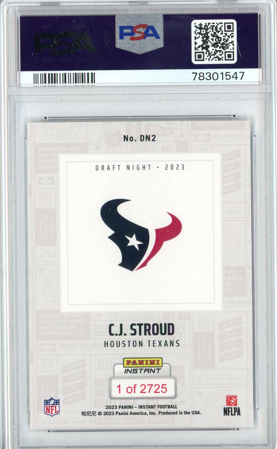Graded 2023 Panini Instant CJ Stroud #DN2 NFL DRAFT NIGHT Rookie RC Football Card PSA 10 Gem Mint