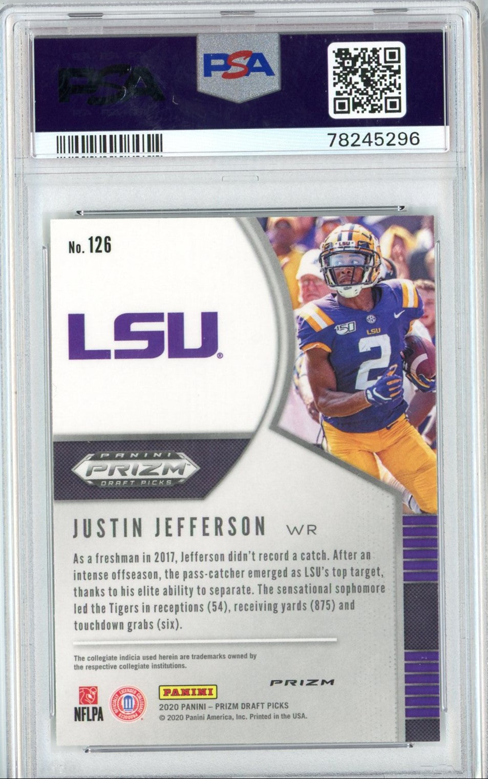 Graded 2020 Panini Draft Picks Justin Jefferson #126 Silver Prizm Rookie RC Football Card PSA 10 Gem Mint