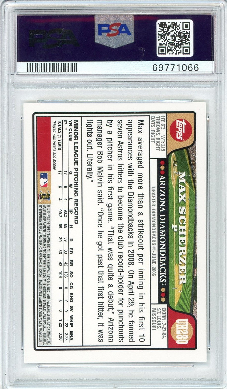 Graded 2008 Topps Update & Highlights Max Scherzer #UH280 Rookie RC Baseball Card PSA 10 Mint