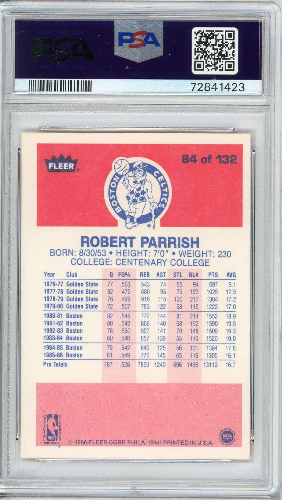 Graded 1986 Fleer Robert Parrish #84 Basketball Card PSA 9 Mint