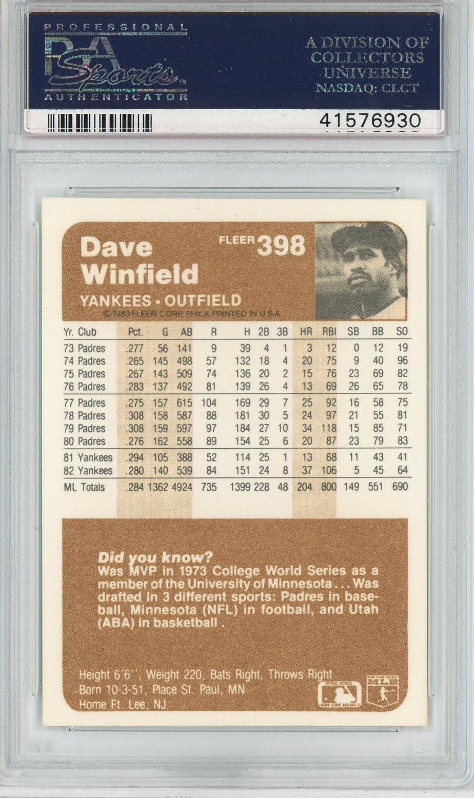 Graded 1983 Fleer Dave Winfield #398 Baseball Card PSA 10 Gem Mint