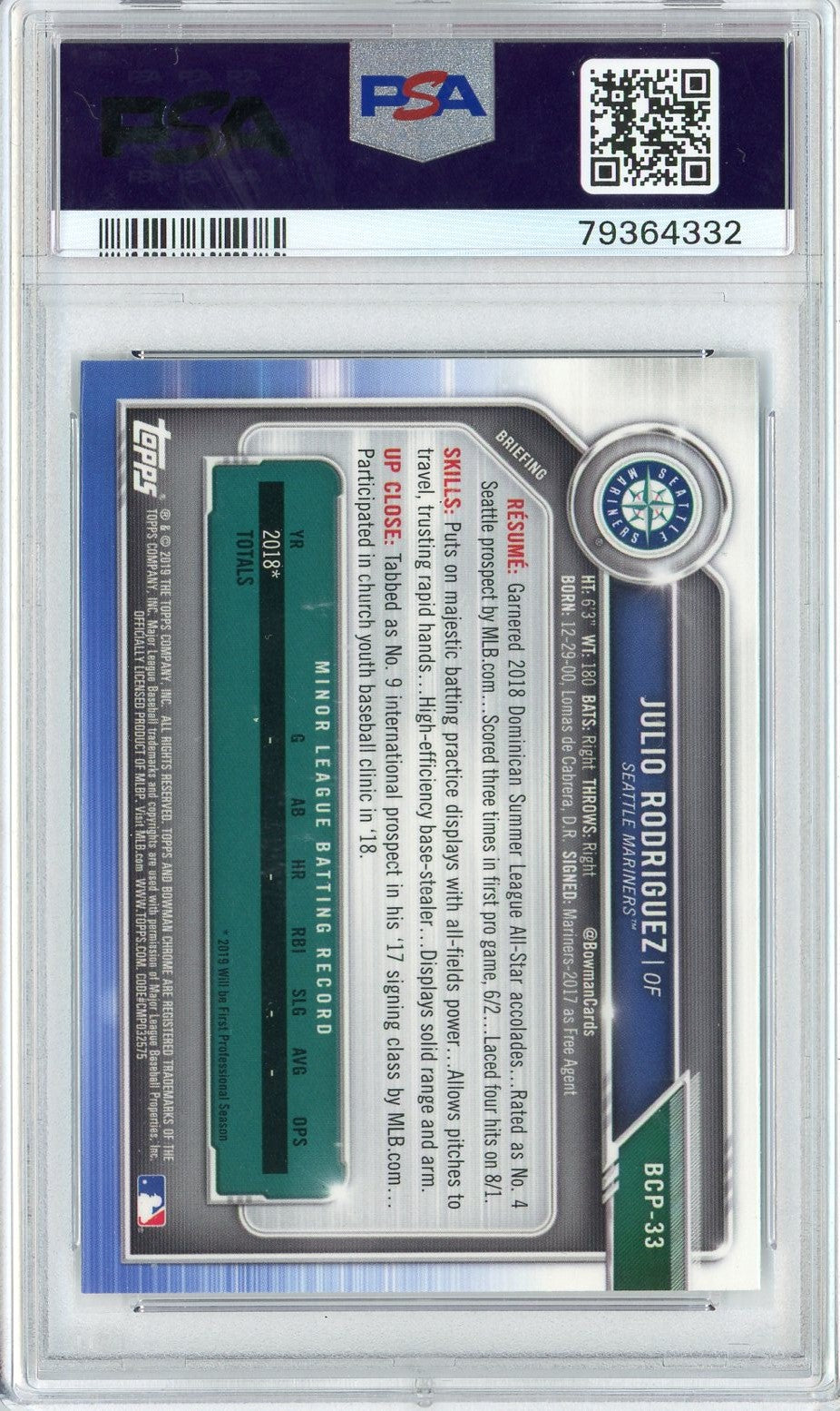 Graded 2019 Bowman Julio Rodriguez #33 Prospects Chrome Rookie RC Baseball Card PSA 10 Gem Mint