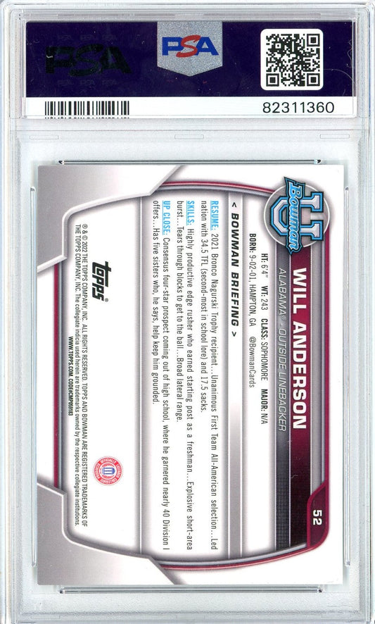 Graded 2022 Bowman University Will Anderson #52 Chrome Prospects Rookie RC Football Card PSA 10 Gem Mint
