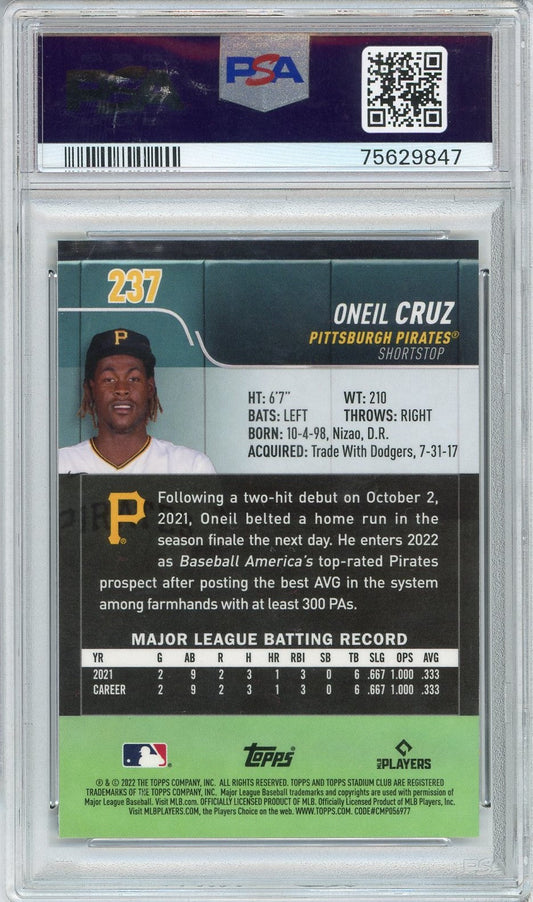 Graded 2022 Stadium Club Chrome Oneil Cruz #237 Rookie RC Baseball Card PSA 10 Gem Mint