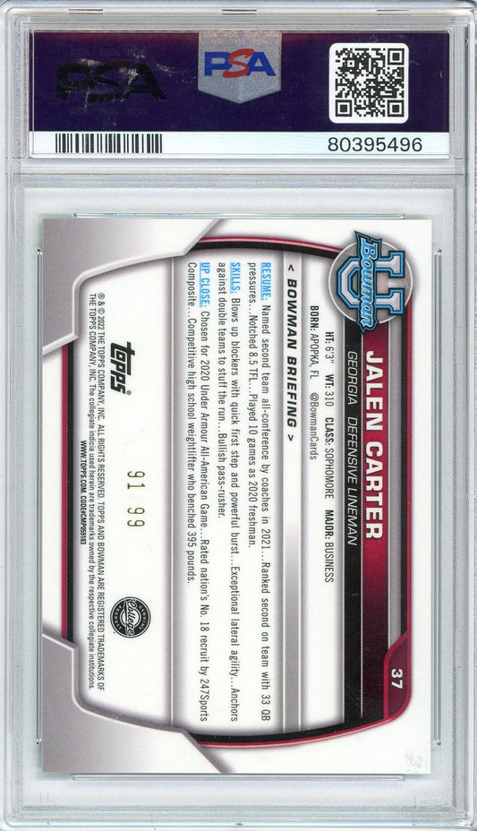 Graded 2022 Bowman University Jalen Carter #37 Chrome Green Shimmer Rookie RC Football Card PSA 10