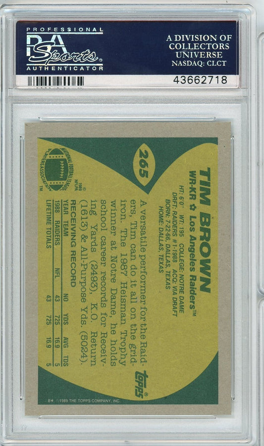 Graded 1989 Topps Tim Brown #265 Rookie RC Football Card PSA 10 Gem Mint
