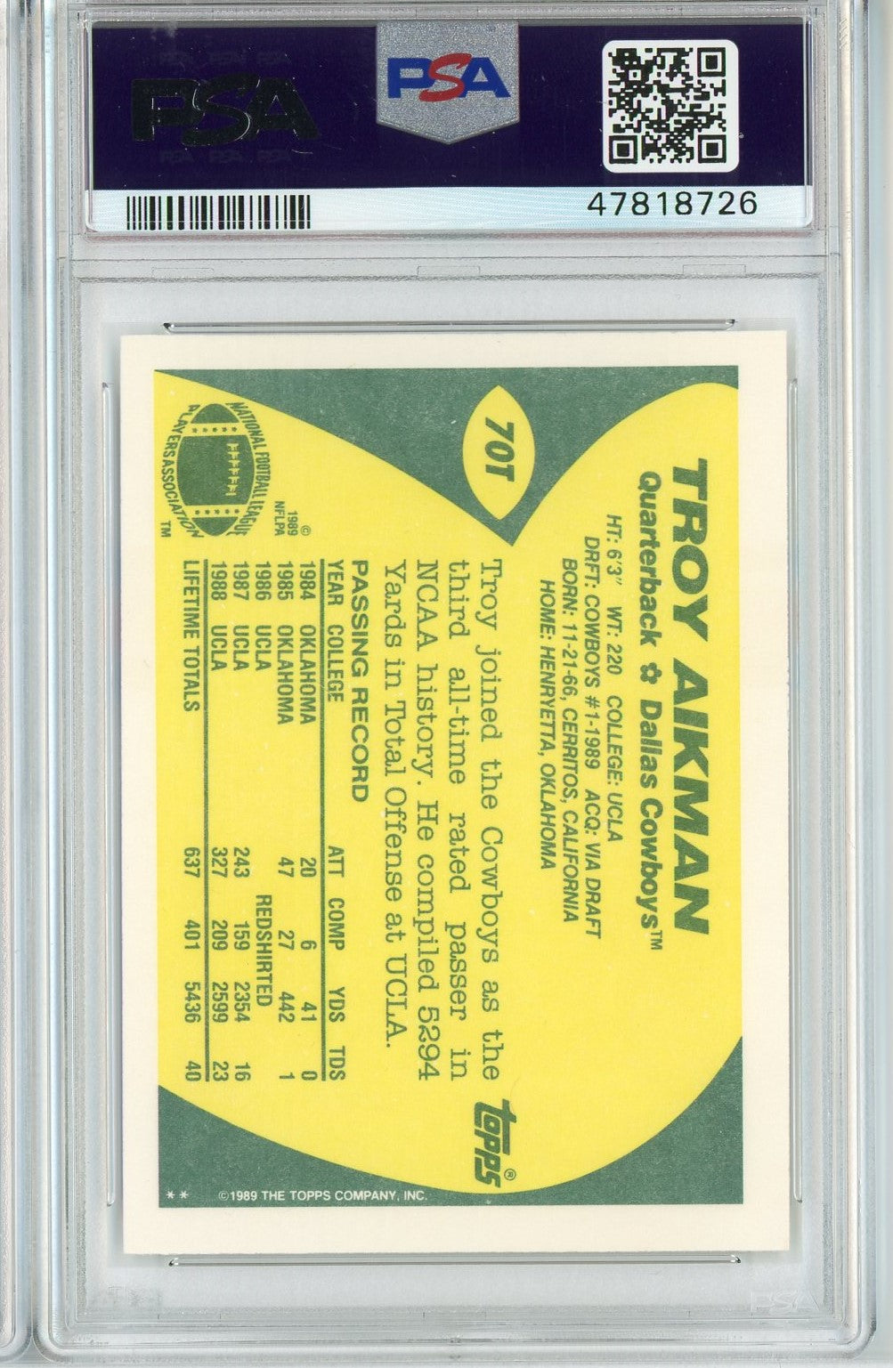 Graded 1989 Topps Traded Troy Aikman #70T Rookie RC Football Card PSA 9 Mint