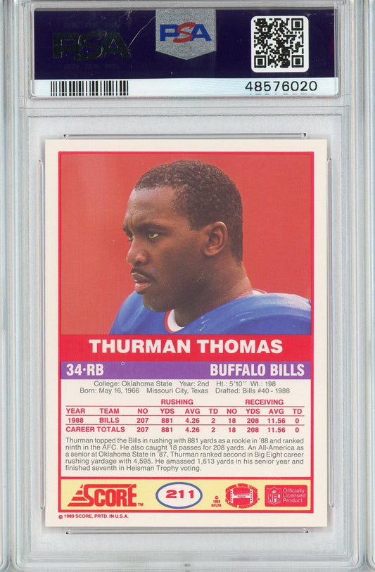 Graded 1989 Score Thurman Thomas #211 Rookie RC Football Card PSA 9 Mint