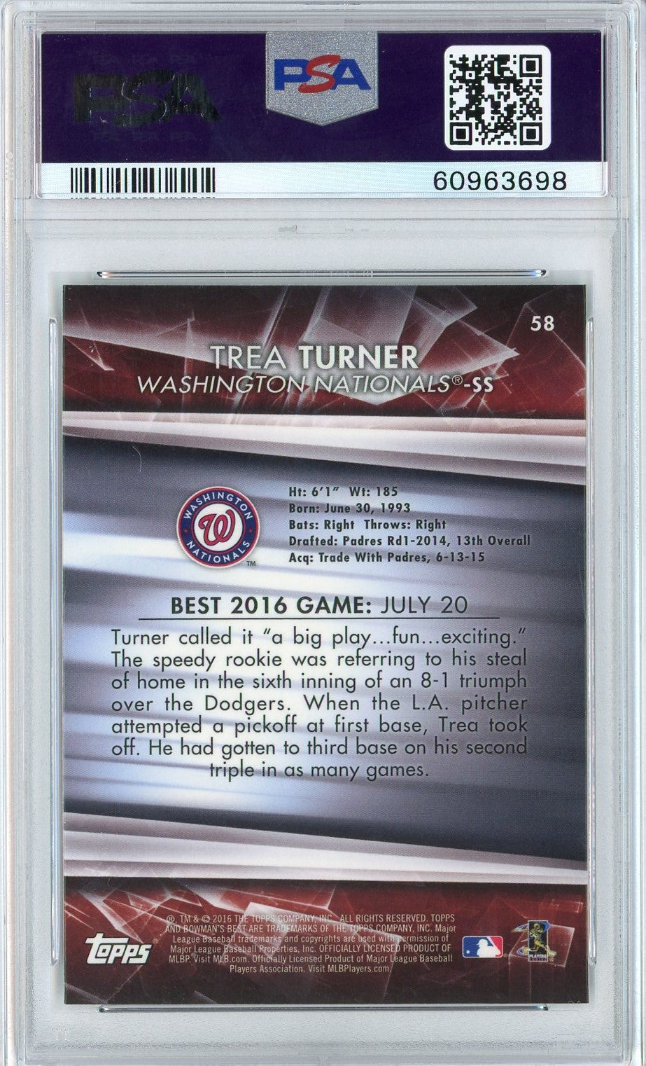 Graded 2016 Bowman's Best Trea Turner #58 Rookie RC Baseball Card PSA 10 Gem Mint