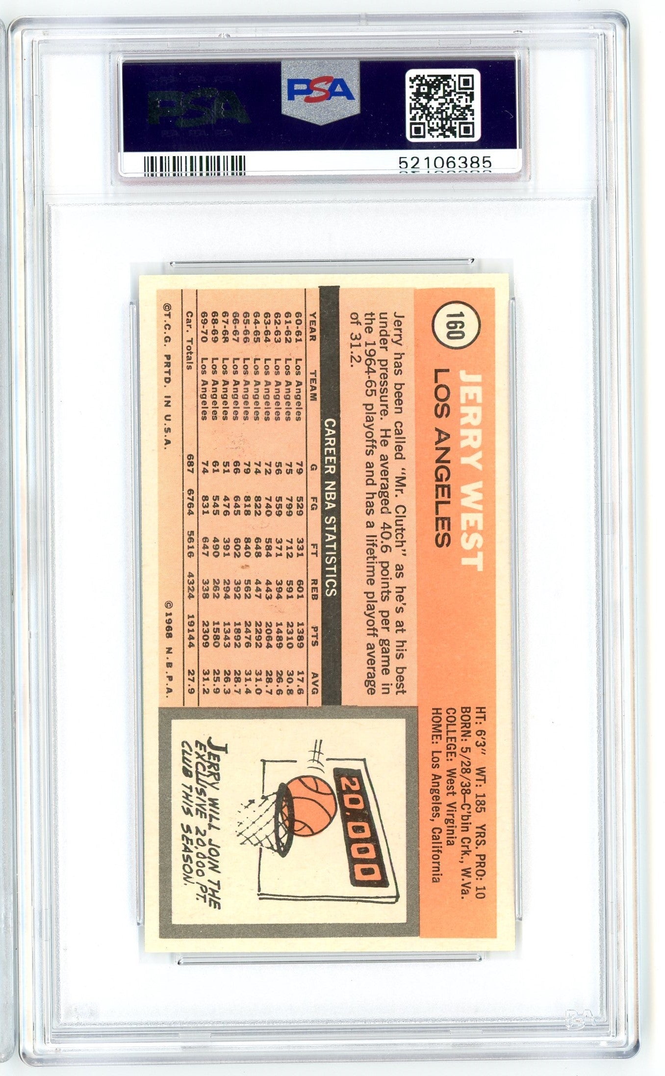 Graded 1970 Topps Jerry West #160 Basketball Card PSA 7 Near Mint