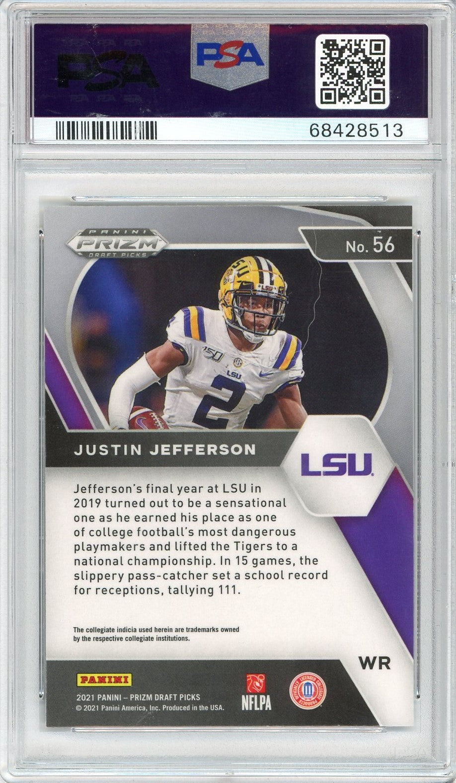 Graded 2021 Prizm Draft Picks Justin Jefferson #56 Rookie RC Football Card PSA 10 Gem Mint