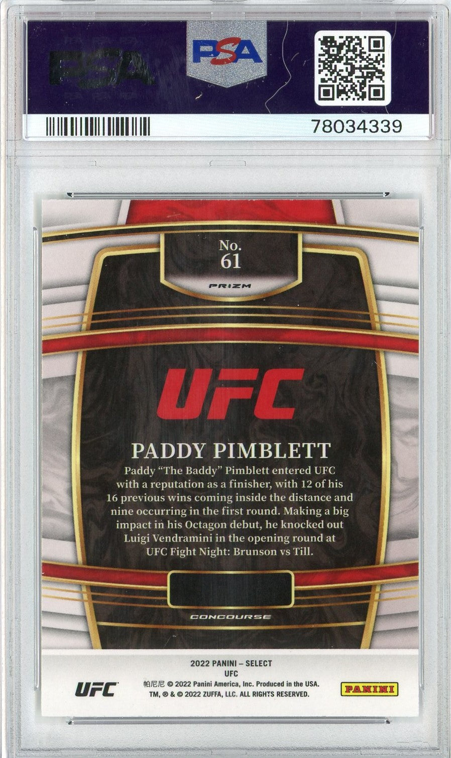 Graded 2022 Panini Select UFC Paddy Pimblett #61 Silver Prizm Rookie RC UFC MMA Card PSA 10 Gem Mint