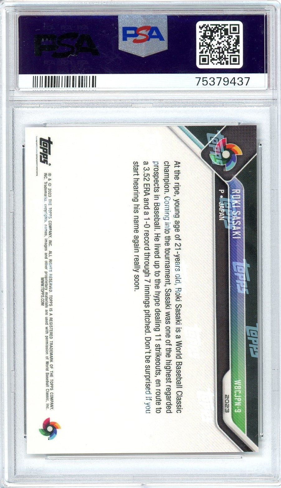 Graded 2023 Topps Now Roki Sasaki #WBCJPN9 WBC Champions Team Rookie RC Baseball Card PSA 10 Gem Mint
