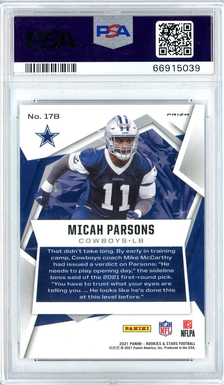 Graded 2021 Panini Rookies & Stars Micah Parsons #178 Pulsar Prizm Rookie RC Football Card PSA 10 Gem Mint