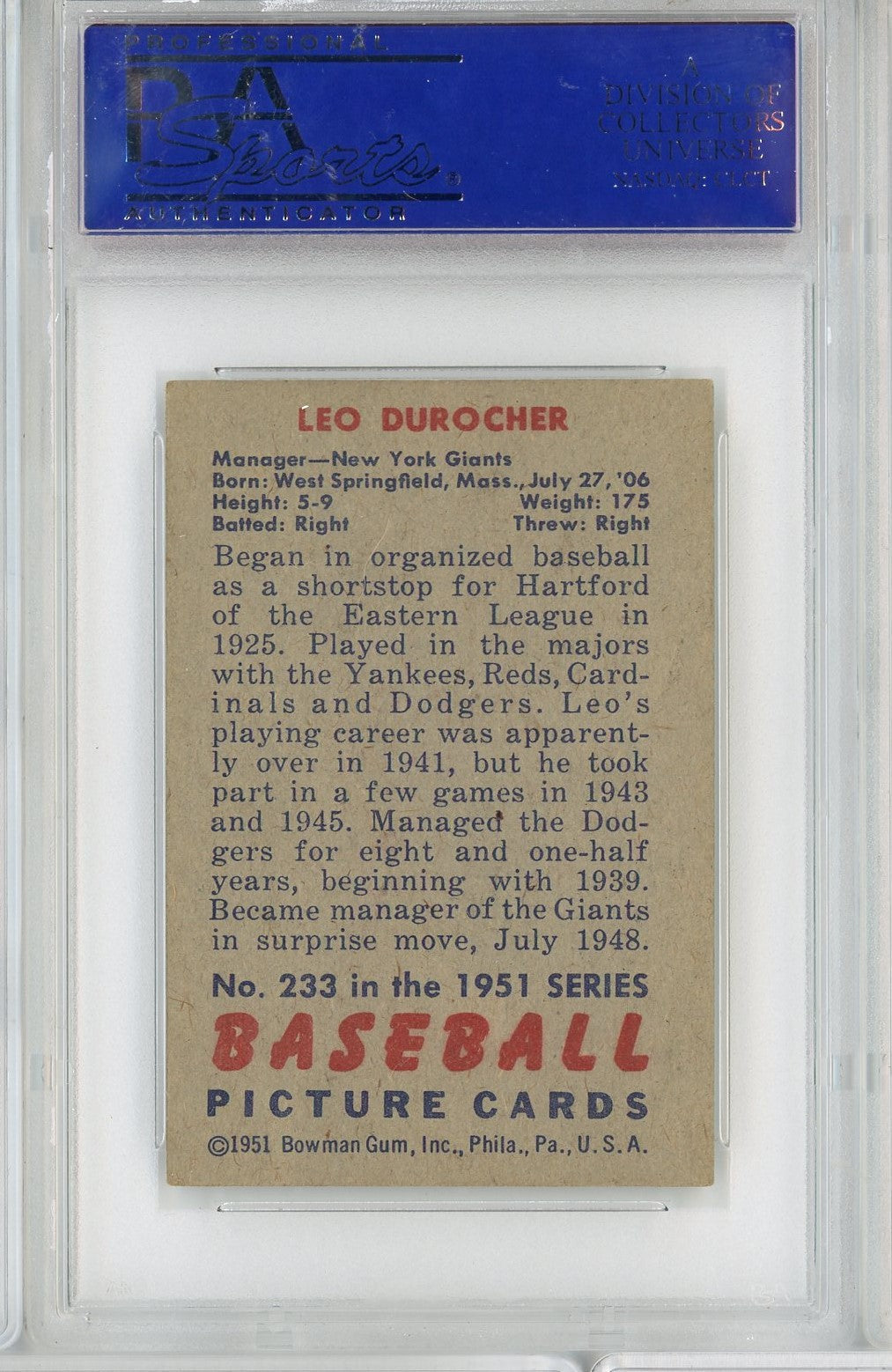 Graded 1951 Bowman Leo Durocher #233 Baseball Card PSA 6 EX-MT