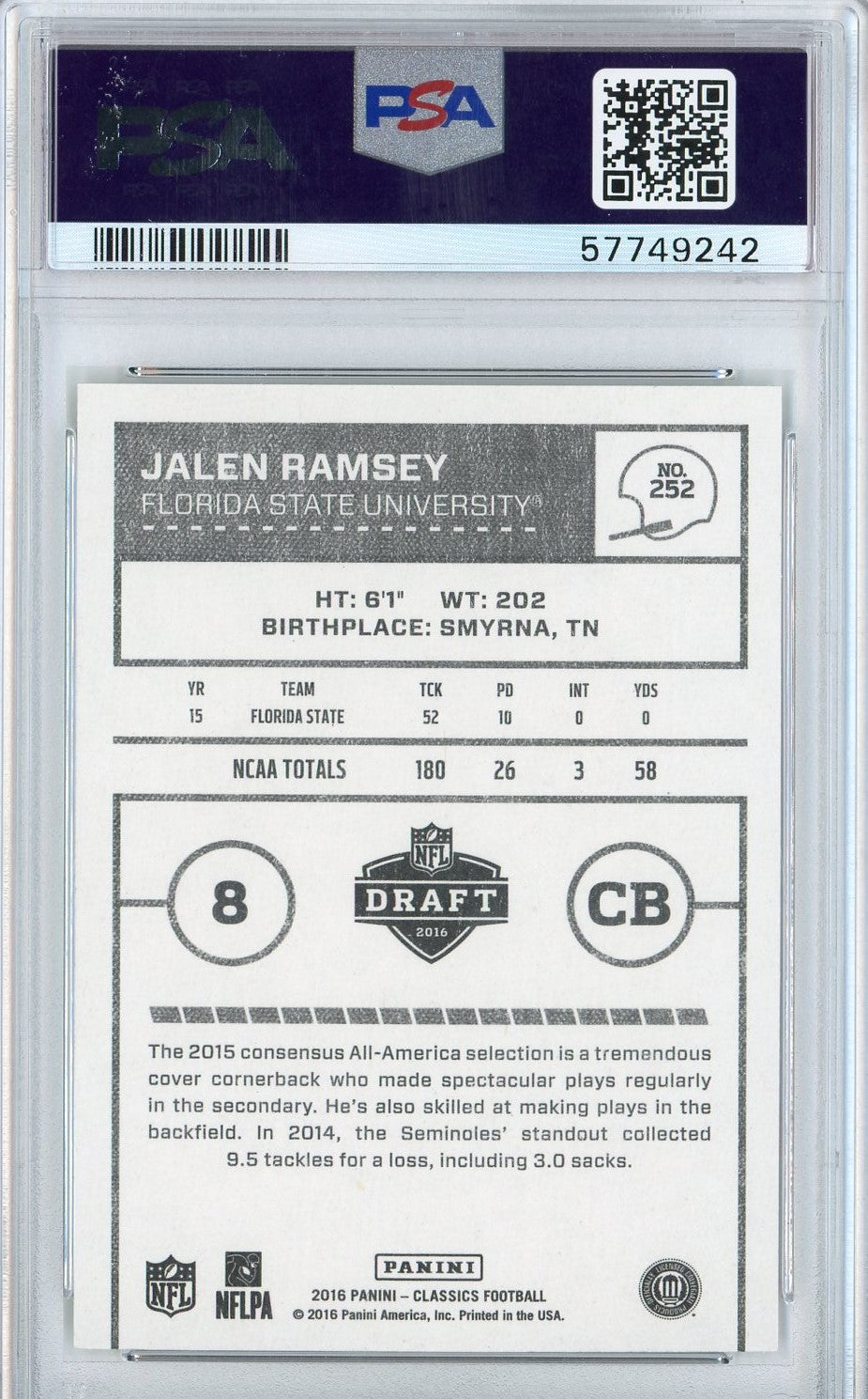 Graded 2016 Panini Classics Jalen Ramsey #252 Glossy Rookie RC Football Card PSA 10 Gem Mint