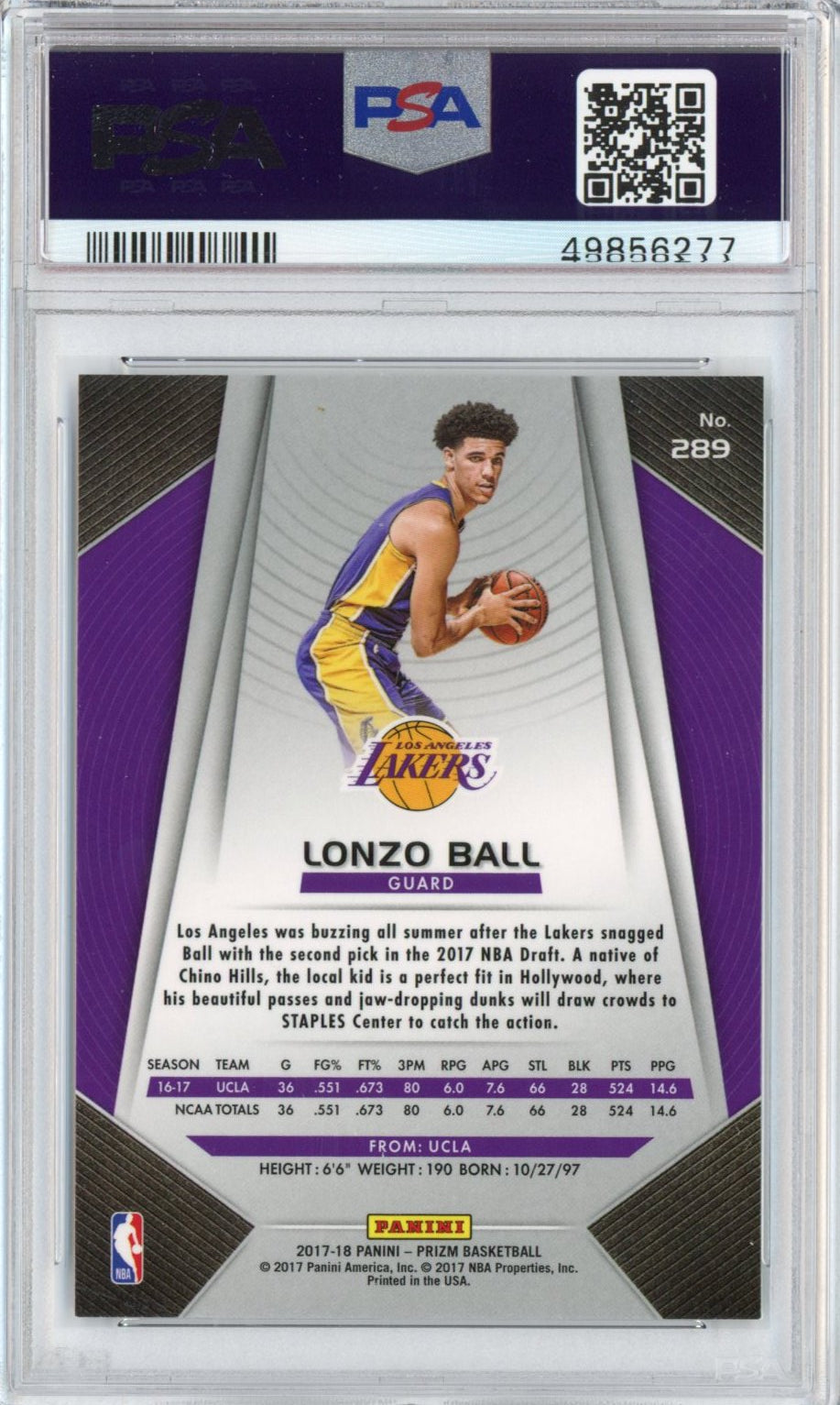 Graded 2017-18 Panini Prizm Lonzo Ball #289 Rookie RC Basketball Card PSA 10 Gem Mint