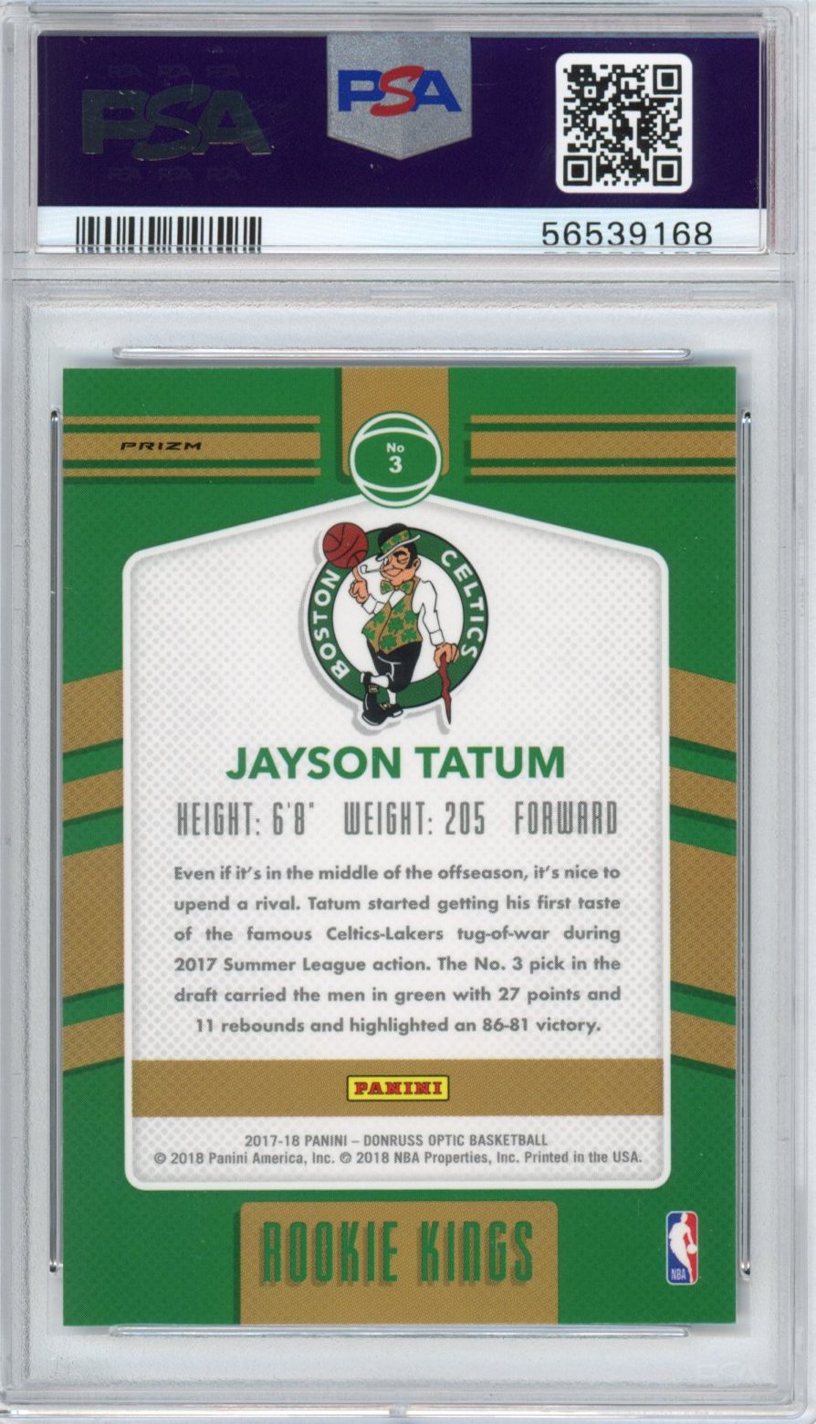 Graded 2017-18 Panini Donruss Optic Jayson Tatum #3 Purple Rookie Kings RC Basketball Card PSA 10 Gem Mint