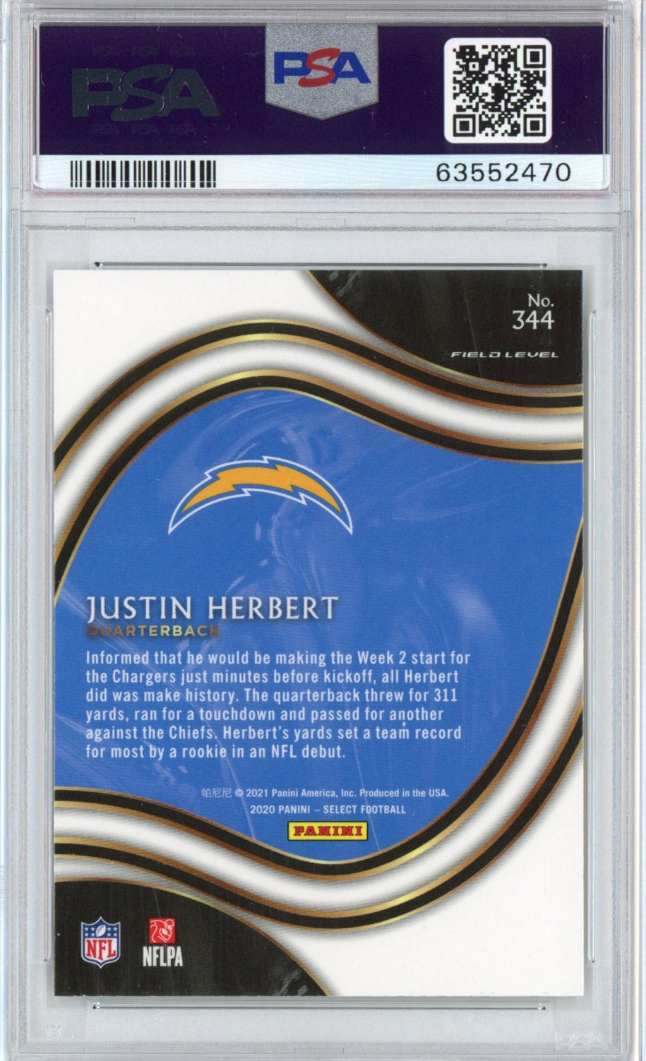 Graded 2020 Panini Select Justin Herbert #344 Certified Rookie RC Football Card PSA 10 Gem Mint