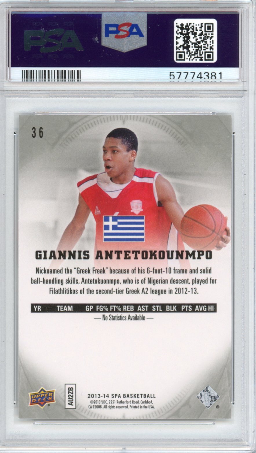 Graded 2013-14 Upper Deck UD SP Authentic Giannis Antetokounmpo #36 Rookie RC Basketball Card PSA 10 Gem Mint