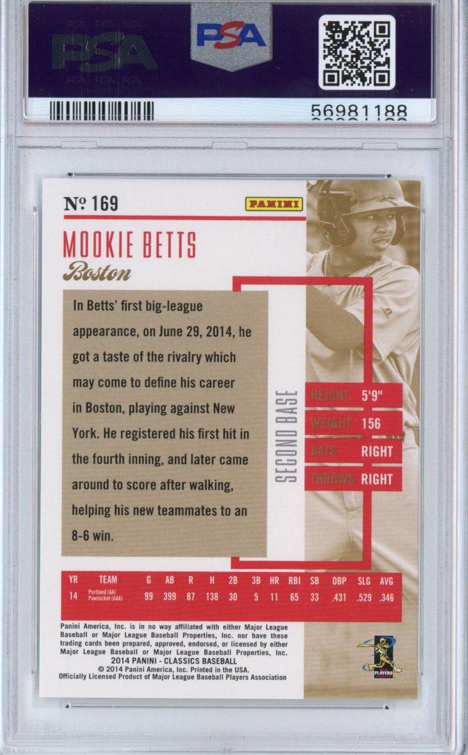 Graded 2014 Panini Classics Mookie Betts #169 Rookie RC Baseball Card PSA 10 Gem Mint