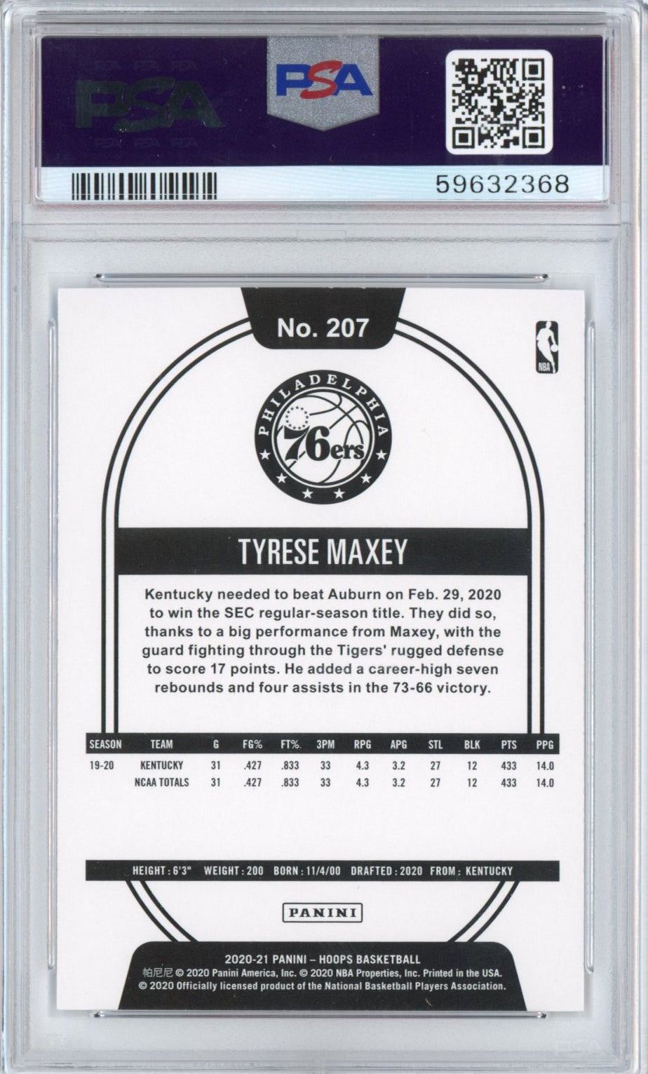 Graded 2020-21 Panini Hoops Tyrese Maxey #207 Rookie RC Basketball Card PSA 10 Gem Mint