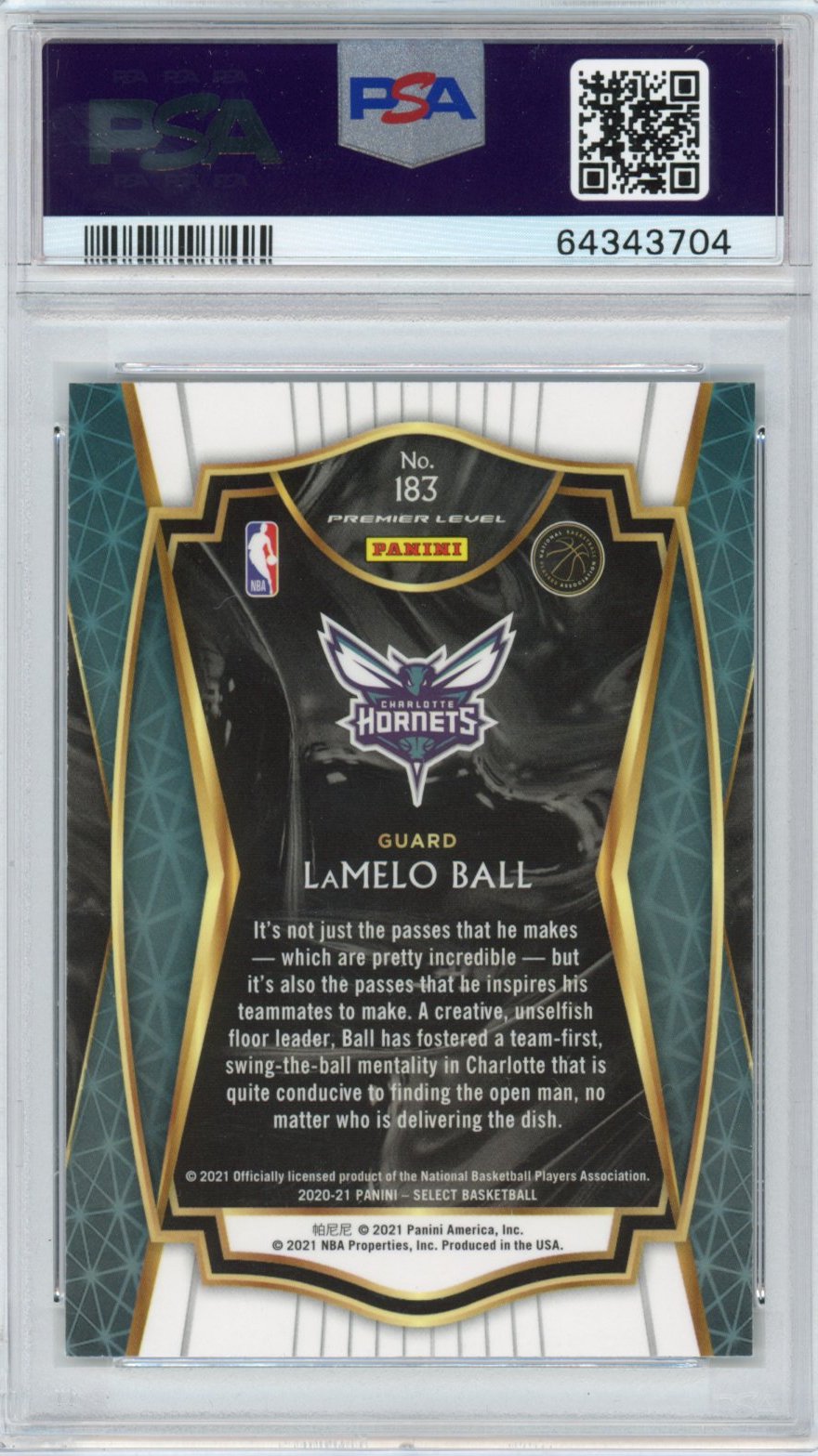 Graded 2020-21 Panini Select LaMelo Ball #183 Blue Retail Premier Level Rookie RC Basketball Card PSA 10 Gem Mint