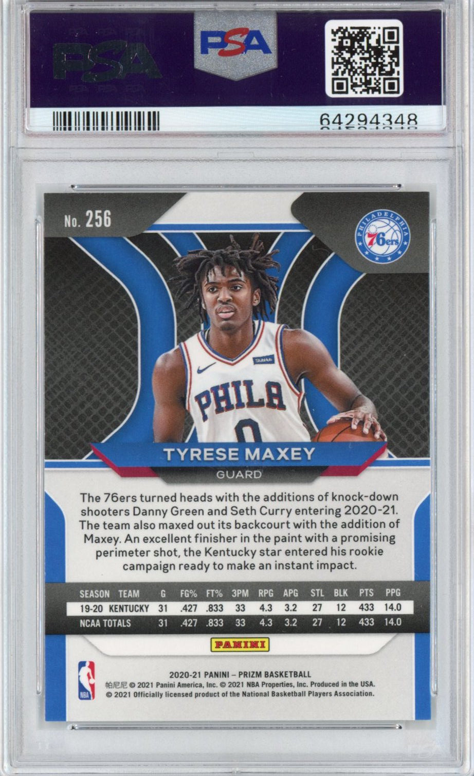 Graded 2020-21 Panini Prizm Tyrese Maxey #256 Rookie RC Basketball Card PSA 10 Gem Mint