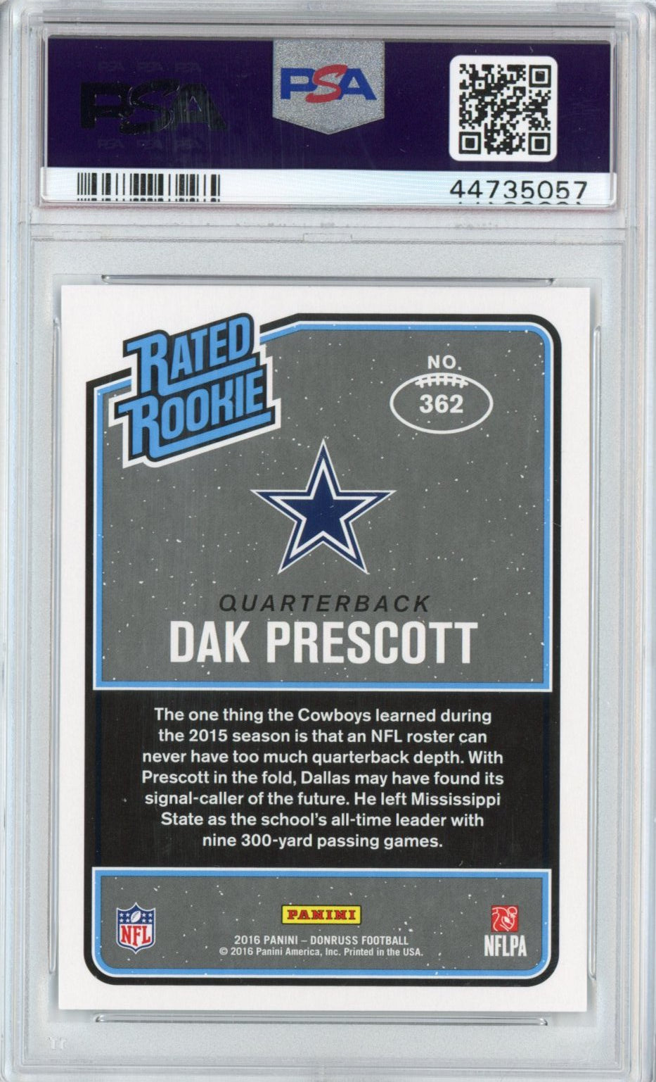 Graded 2016 Panini Donruss Dak Prescott #362 Press Proof Blue Rookie RC Football Card PSA 10 Gem Mint