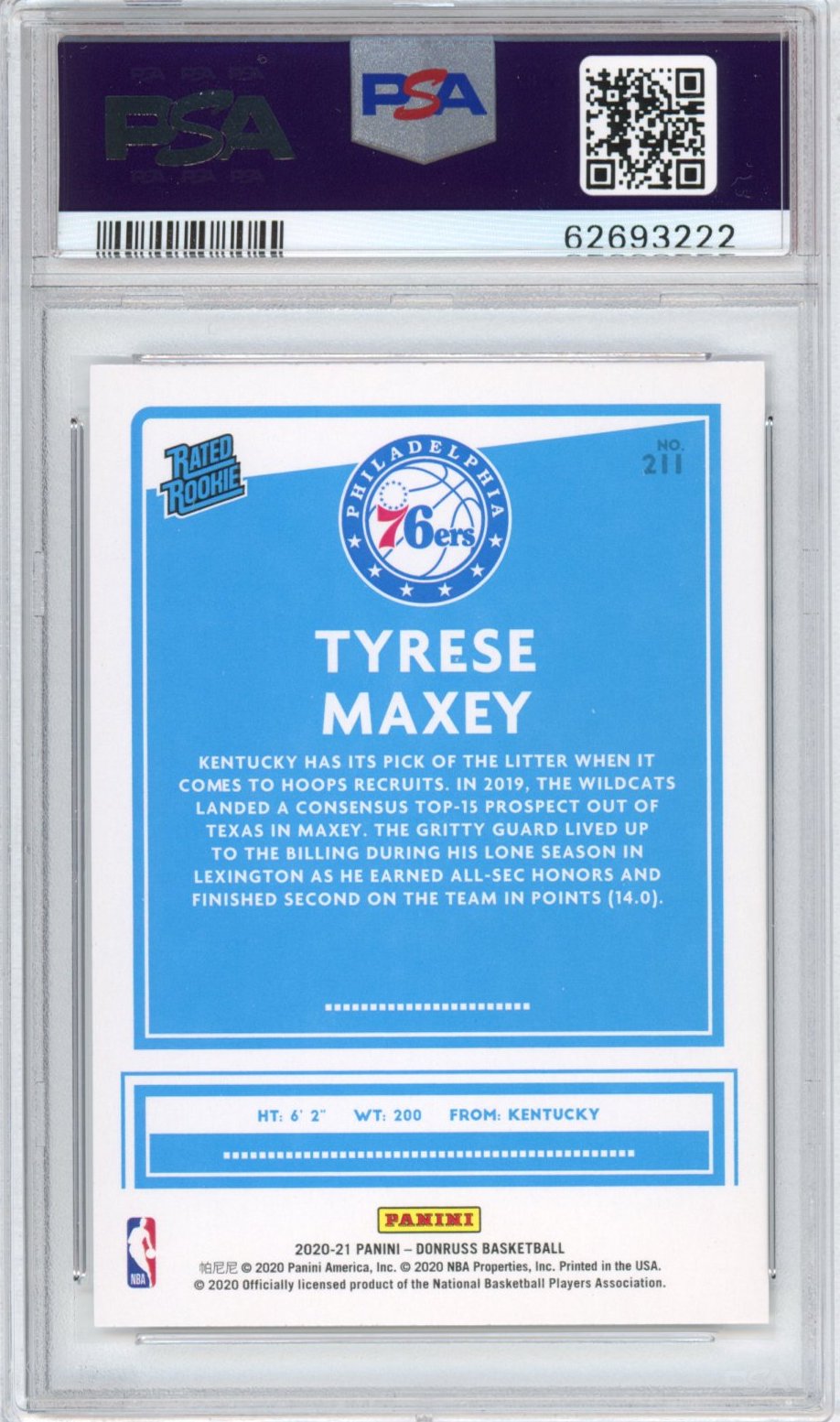 Graded 2020-21 Panini Donruss Tyrese Maxey #211 Rated Rookie RC Basketball Card PSA 10 Gem Mint