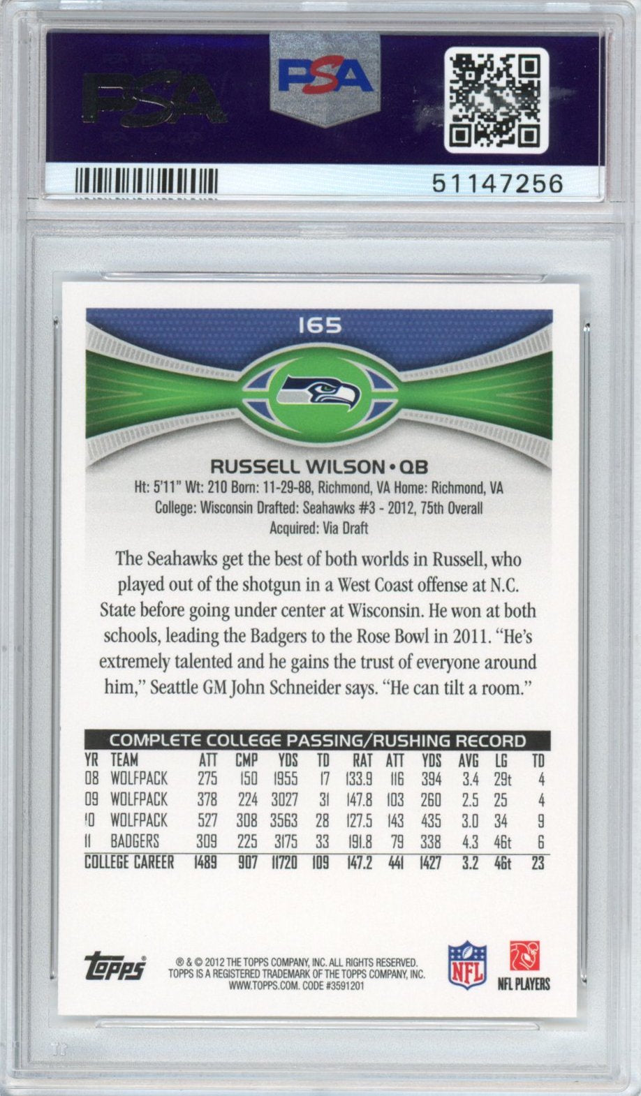 Graded 2012 Topps Russell Wilson #165 Passing Stands Visible Rookie RC Football Card PSA 10 Gem Mint