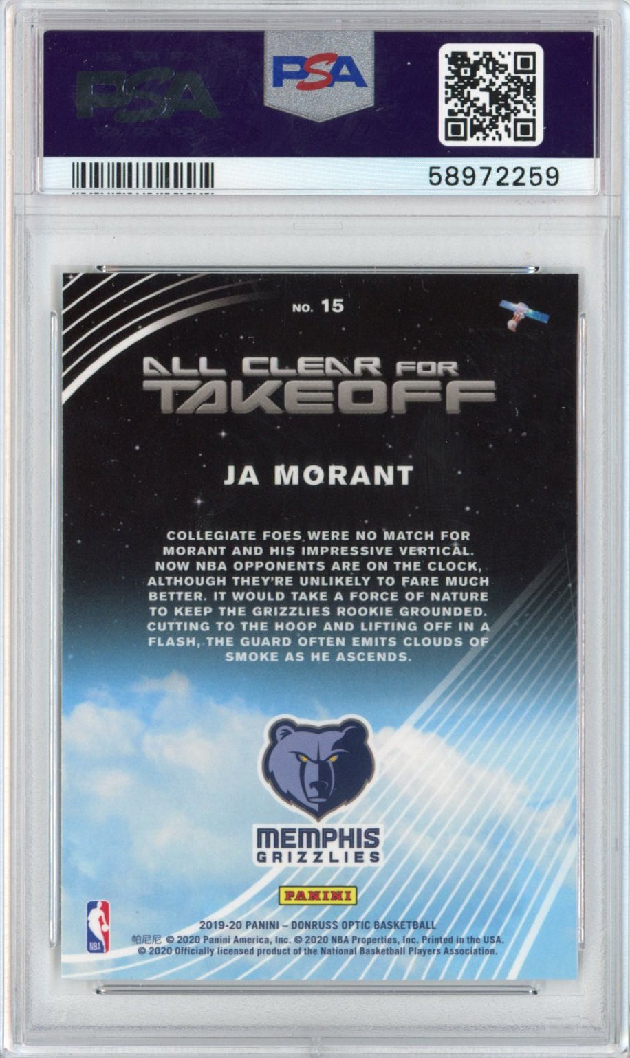 Graded 2019-20 Panini Donruss Optic Ja Morant #15 All Clear For Takeoff Rookie RC Basketball Card PSA 10 Gem Mint