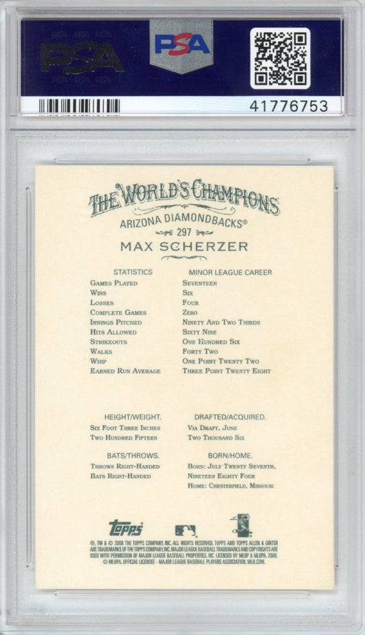 Graded 2008 Topps Max Scherzer #297 Allen & Ginter Rookie RC Baseball Card PSA 10 Gem Mint
