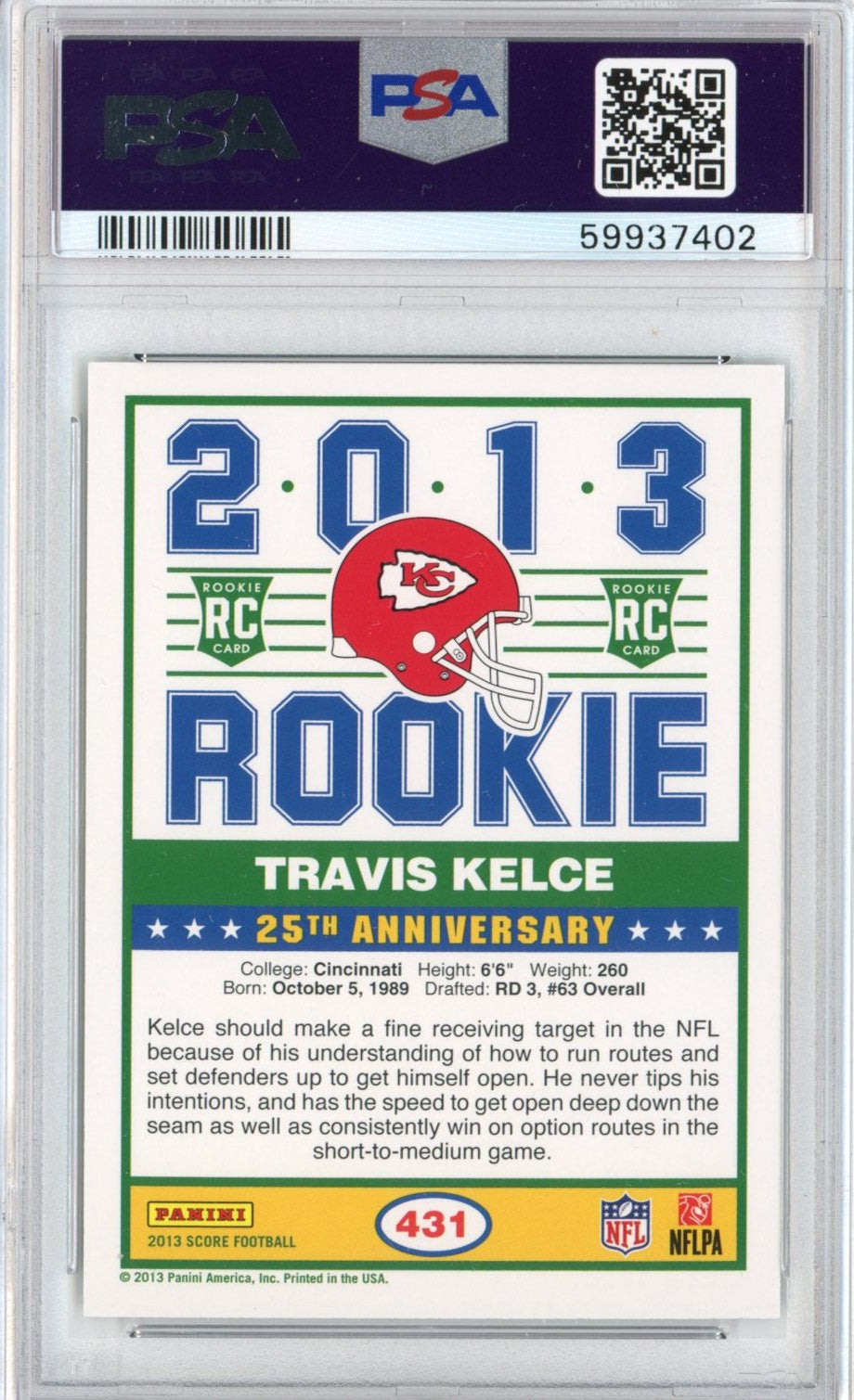 Graded 2013 Panini Score Travis Kelce #431 Rookie RC Football Card PSA 10 Gem Mint